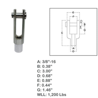 Marine 3/8"-16 Right Handed Threaded Yoke End 1200 Lbs WLL Stainless Steel T316