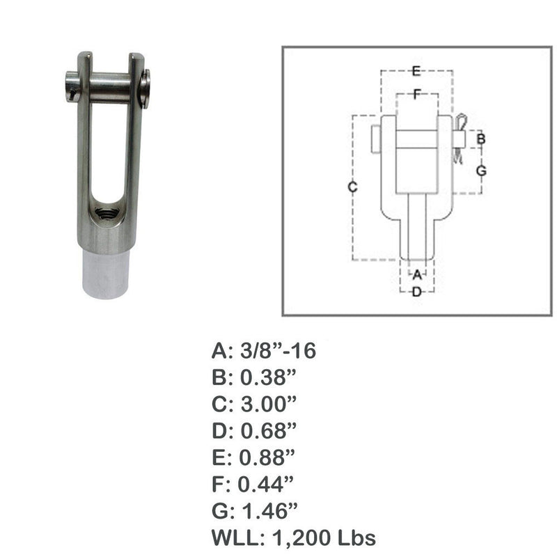 Marine 3/8"-16 Right Handed Threaded Yoke End 1200 Lbs WLL Stainless Steel T316