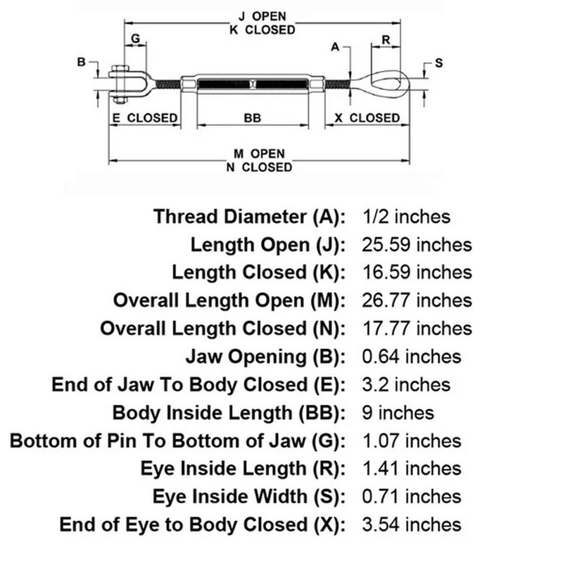 JAW EYE Turnbuckle Pulley 1/2" x 9"  Hot Dip Galvanized Drop Forged 2200 Lb-WLL