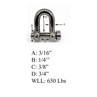 4 Pcs Mil-Spec Forged 3/16" Round Pin Chain Shackle 650 Lb WLL Stainless Steel