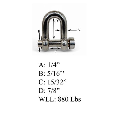 Mil-Spec Forged 1/4" Round Pin Chain Shackle 880 Lb WLL Stainless Steel T316