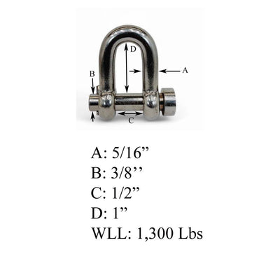 Mil-Spec Forged 5/16" Round Pin Chain Shackle 1,300 Lb WLL Stainless Steel T316