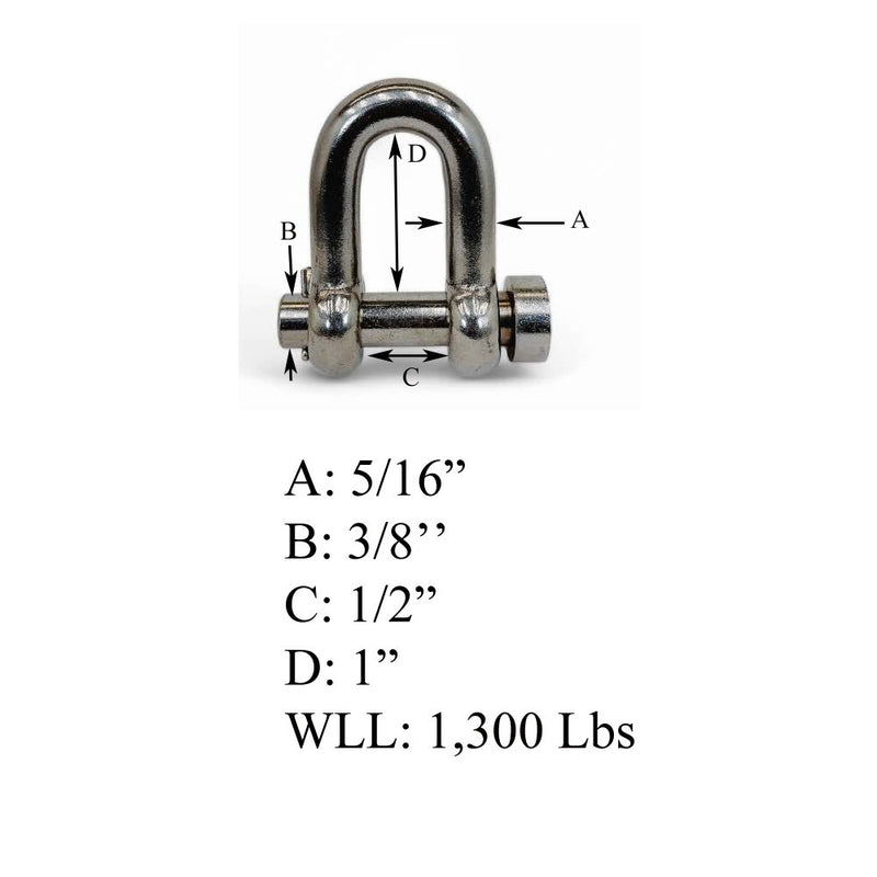 Mil-Spec Forged 5/16" Round Pin Chain Shackle 1,300 Lb WLL Stainless Steel T316