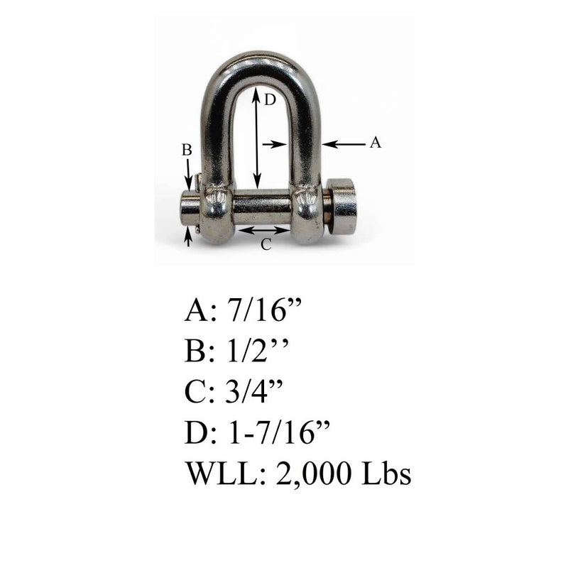 Mil-Spec Forged 7/16" Round Pin Chain Shackle 2,000 Lb WLL Stainless Steel T316