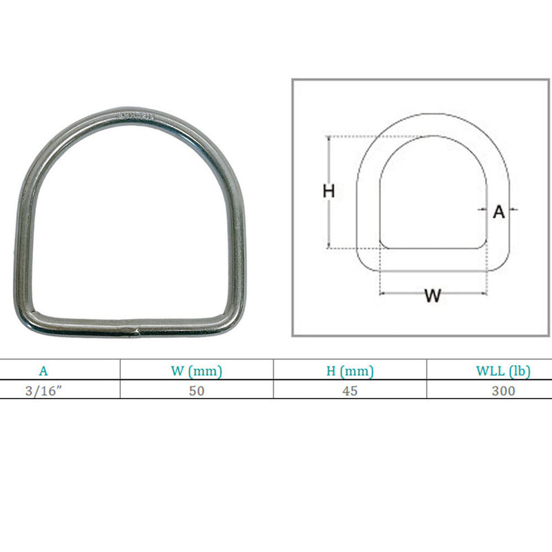 Marine Stainless Steel 3/16" D-Ring Welded,45mm Height 300 Lbs WLL Sailing 4 Pcs