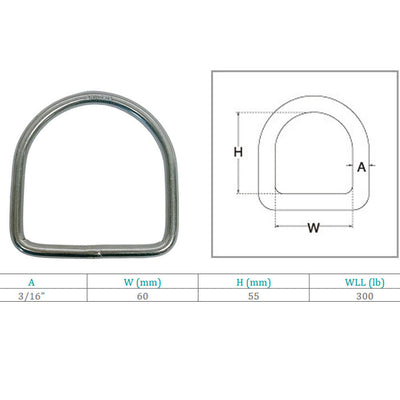 Marine Stainless Steel 3/16" D-Ring Welded,55mm Height 300 Lbs WLL Sailing 4 Pcs