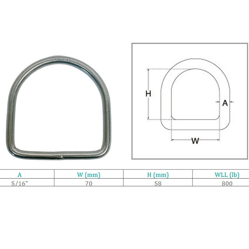 Marine Stainless Steel 5/16" D-Ring Welded, 58mm Height 800 Lbs WLL Sailing