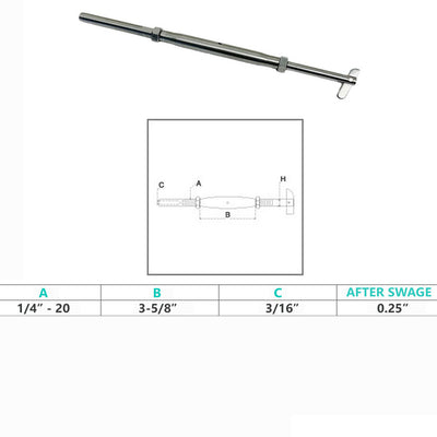 1/4" Threaded Drop Pin & Hand Swage Stud Turnbuckle 3/16" Cable Stainless Steel