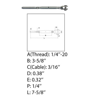 Marine 1/4" Thread Fork & Swage Stud Turnbuckle 3/16" Cable Stainless Steel T316