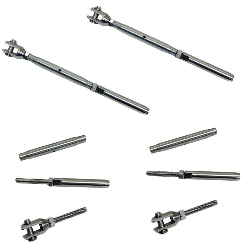 Marine 1/4" Thread Fork & Swage Stud Turnbuckle 3/16" Cable Stainless Steel 4Pcs