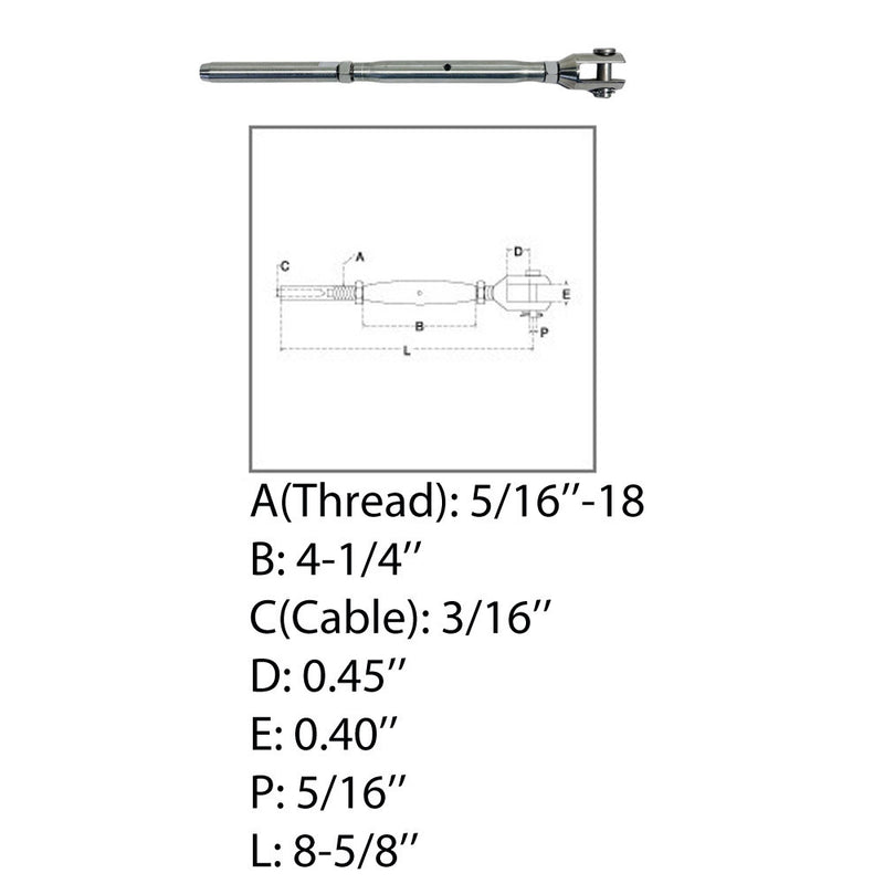 Marine 5/16" Thread Fork Swage Stud Turnbuckle 3/16" Cable Stainless Steel 4 Pcs