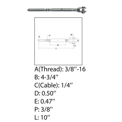 Marine 3/8" Thread Fork Swage Stud Turnbuckle 1/4" Cable Stainless Steel T316