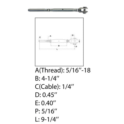 Marine 5/16" Thread Fork Swage Stud Turnbuckle 1/4" Cable Stainless Steel 4 Pcs