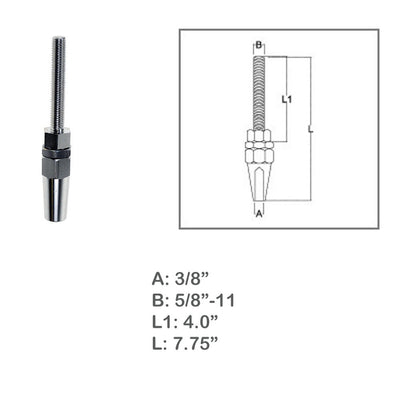 Marine 3/8" Swageless Threaded Stud 5/8" Thread 3/8" Cable Stainless Steel 4 Pcs