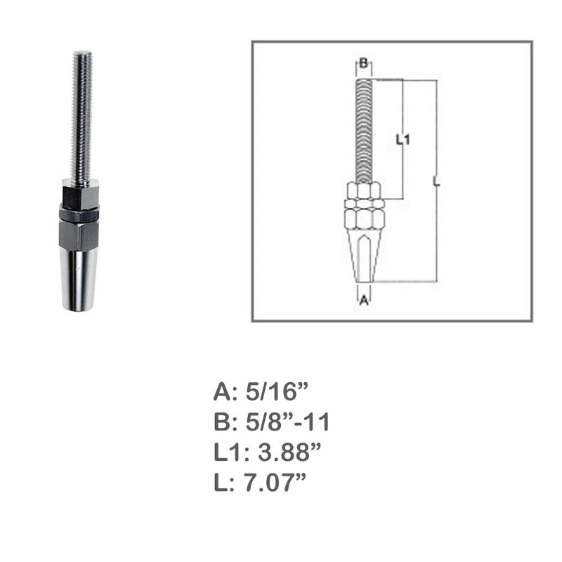 Marine 5/16" Swageless Threaded Stud 5/8" Thread 5/16" Cable Stainless Steel 4Pc