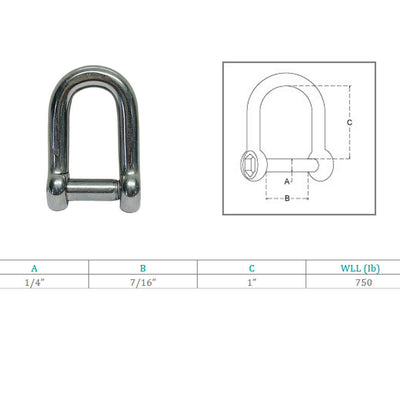 1/4" D Shackle Hex Sink Marine Grade Screw Pin 750 Lb WLL Stainless Steel 4 Pcs