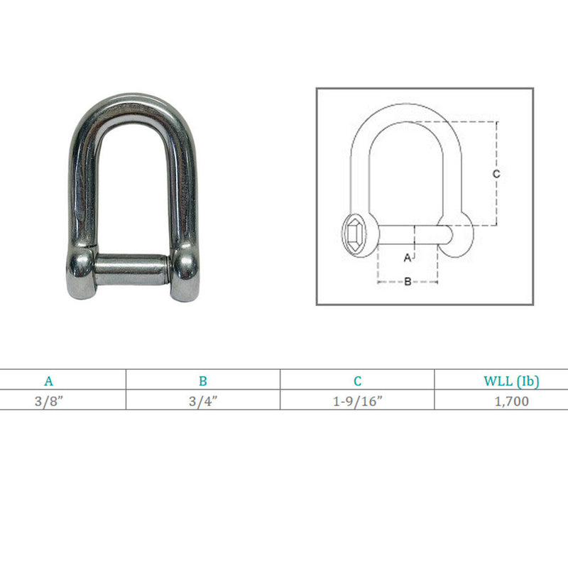 3/8" D Shackle Hex Sink Marine Grade Screw Pin 1700 Lb WLL Stainless Steel T316