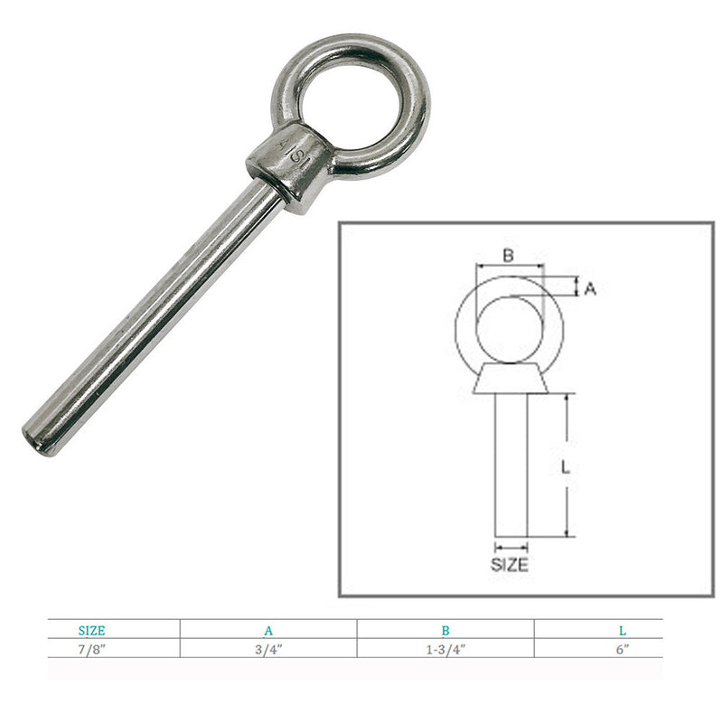 Stainless Steel Eye Bolt 7/8"x6" Marine Boat Grade Non Threaded Shoulder Eyebolt