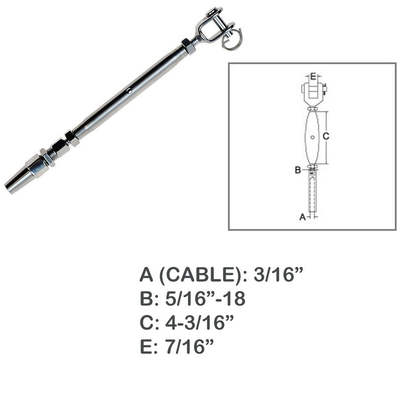 3/16" Cable Jaw Swageless Turnbuckle 5/16" Pipe Turnbuckle Stainless Steel T316