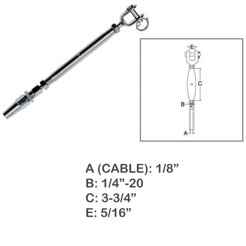 1/8" Cable Jaw Swageless Turnbuckle 1/4" Pipe Turnbuckle Stainless Steel T316