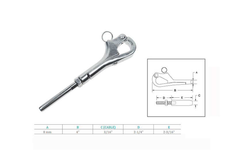 SS T316 4" Pelican Hook Shackle For 3/16" Cable Wire Sailing Boat Yacht 10 Pc