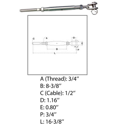 Marine 1/2" Cable Jaw And Swage Stud Turnbuckle 3/4" Thread Stainless Steel