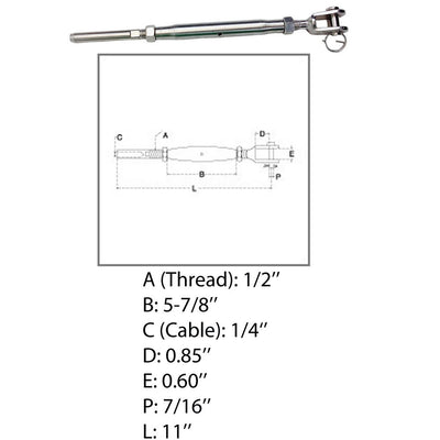 Marine 1/4" Cable Jaw And Swage Stud Turnbuckle 1/2" Thread Stainless Steel 4Pcs