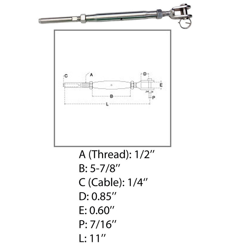 Marine 1/4" Cable Jaw And Swage Stud Turnbuckle 1/2" Thread Stainless Steel