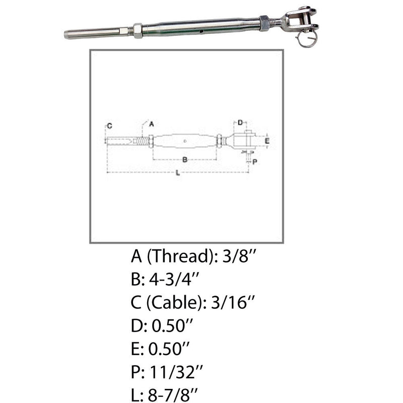 Marine 3/16" Cable Jaw And Swage Stud Turnbuckle 3/8" Thread Stainless Steel 4Pc