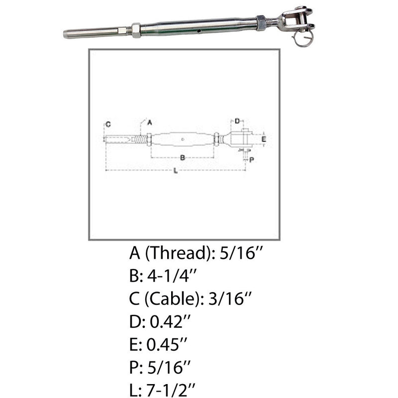 Marine 3/16" Cable Jaw And Swage Stud Turnbuckle 5/16" Thread Stainless Steel