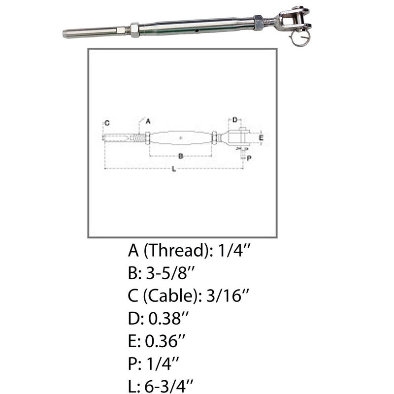 Marine 3/16" Cable Jaw And Swage Stud Turnbuckle 1/4" Thread Stainless Steel 4Pc