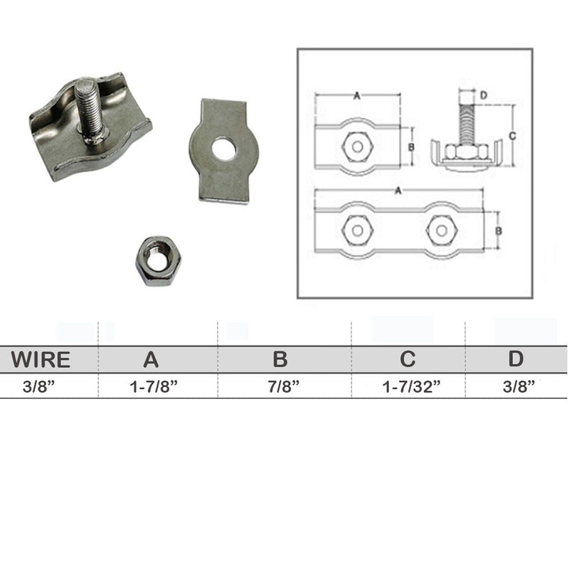 Simplex Single Bolt Wire Rope Clips,Stainless Steel for 3/8" Wire Cable 4 Pcs