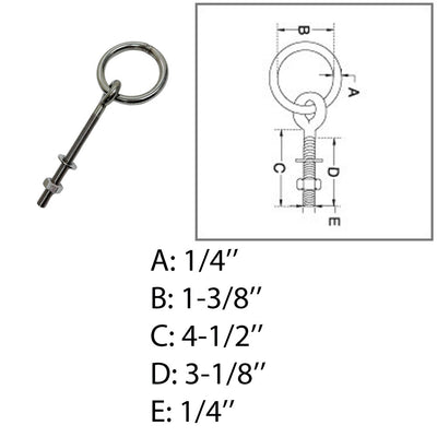 1/4" Marine Ring Eye Bolt 4-1/2" Shank Length Bolt Shoulder Stainless Steel 304