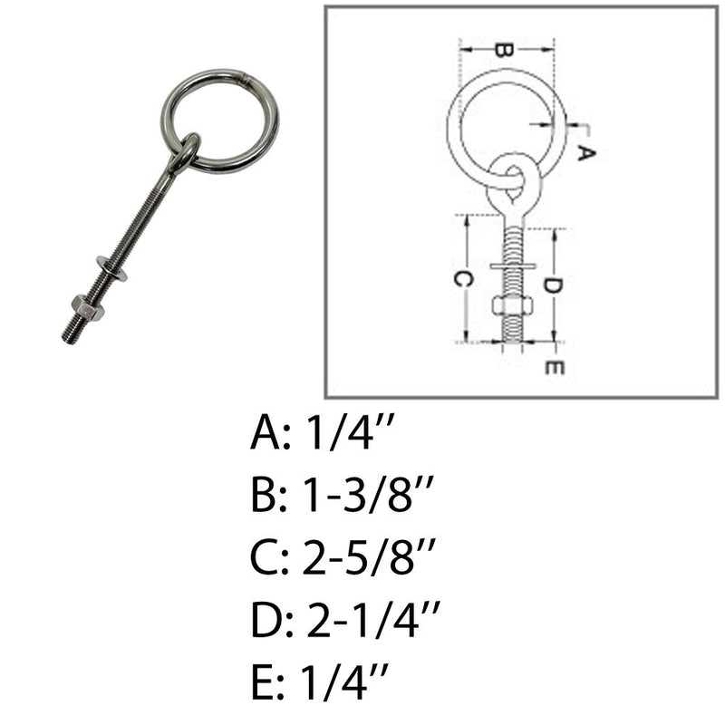 1/4" Boat Ring Eye Bolt 1-3/8" Diameter Bolt Shoulder Stainless Steel T304 4 Pcs