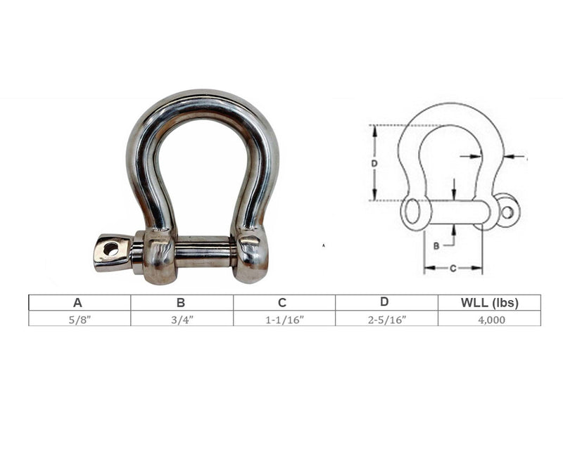 Stainless Steel T316 5/8" Screw Pin Anchor Shackle 4,000 Lbs WLL, Forged Loaded Rate