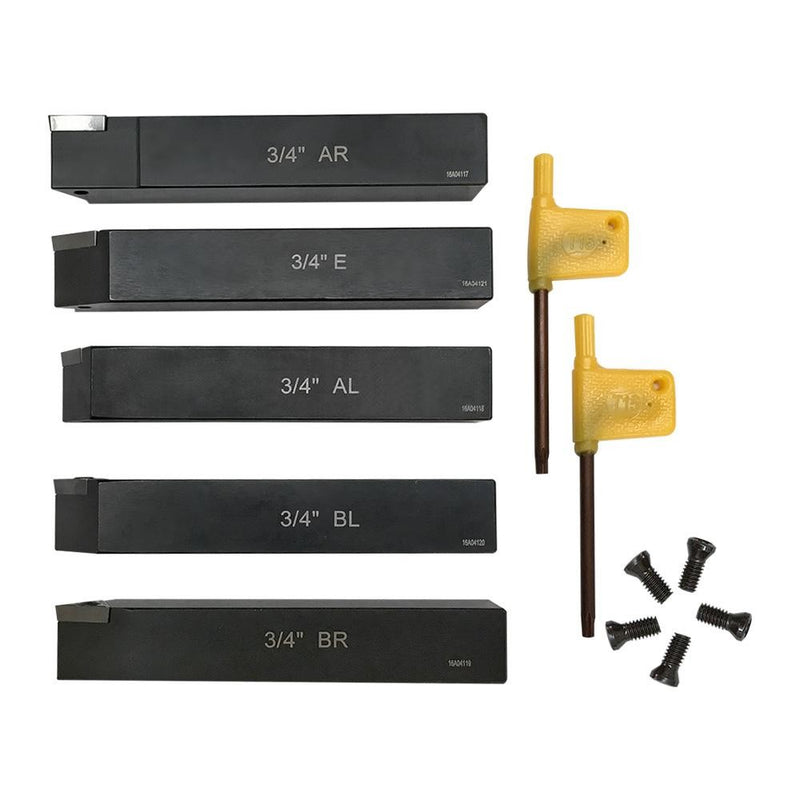 5 PC Indexable Carbide Inserts Turning Tool Bit Holder 3/4" Shank Turning Facing Bore Thread V Groove